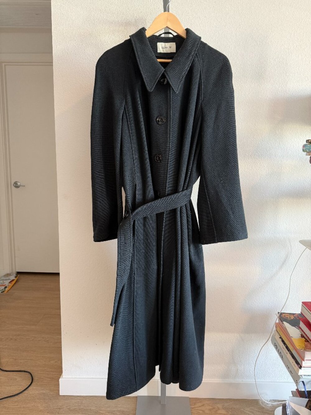 Lemaire Belted Oversized Wool Coat - dark navy/black